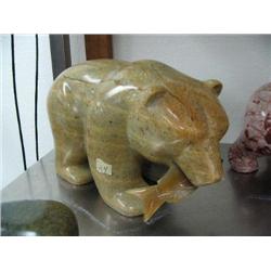 16" soapstone bear with horn fish in mouth by Eddie Lee ()