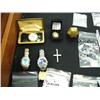 Image 10 : Whole display case full of jewelry, men's watches, antique door knob, cameo, silver, 10 K gold and d