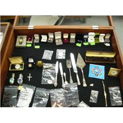 Whole display case full of jewelry, men's watches, antique door knob, cameo, silver, 10 K gold and d