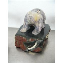 4" soapstone walking bear with soapstone base with swimming fish by Eddie Lee ()