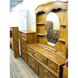Lot of bedroom set: 7-drawer dresser with mirror, 5-drawer dresser, king-sized bed with mirrored hea