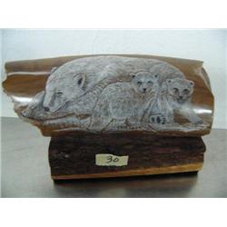 7" mammoth ivory bark scrimshawed with a family of bears mounted on wood base by Michael Bonneo done