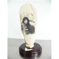 6" mammoth ivory scrimshawed with beautiful Indian maiden by Homer Cole done in 1998 Anchorage ()