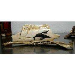 8-1/2" mastodon ivory bark scrimshawed with 2 whales by Rashidi mounted on caribou jawbone ()