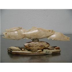 8" group of 4 salmon from fossilized ivory done in 1992- small amount of damage to small salmon tale