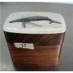 Wooden box with scrimshawed whale on lid very intricately scrimshawed- lid has crack ()