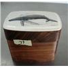 Image 1 : Wooden box with scrimshawed whale on lid very intricately scrimshawed- lid has crack ()