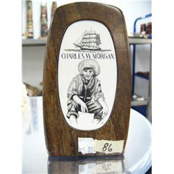 Ivory scrimshawed Charles W. Morgan sailing ship and sailor in wood- 5-1/2" high scrimshawed by L. A