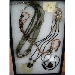 Framed costume jewelry with beautiful green glass bead necklace, etc. (74)
