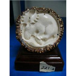 CHOICE on 3 elk antler butt carvings: relief carved moose ()