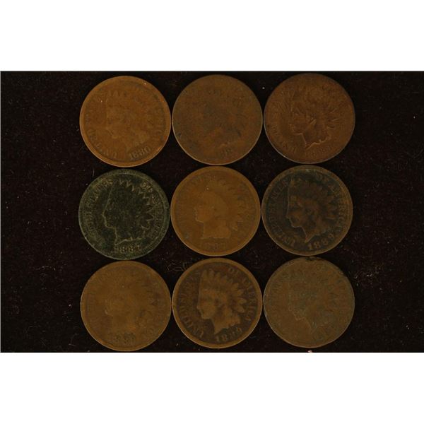 9 ASSORTED INDIAN HEAD CENTS (1880-1889)