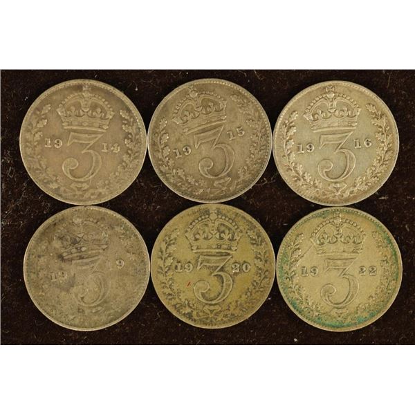 6 GREAT BRITAIN SILVER 3 PENCE COINS: 1914, 1915,