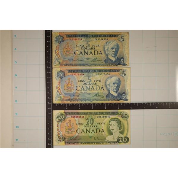 3 CANADA BILLS: 2-1972 FIVE DOLLAR & 1-1969 TWENTY