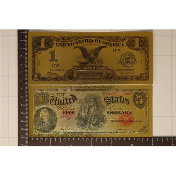 2-24 KT GOLD FOIL REPLICAS OF US BILLS: $1 & $5