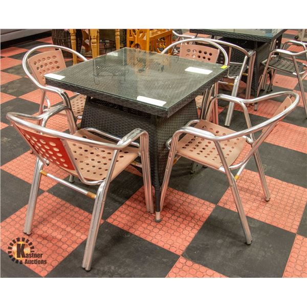 GLASS TOP WOVEN PATIO TABLE W/ 4 ALUMINUM &