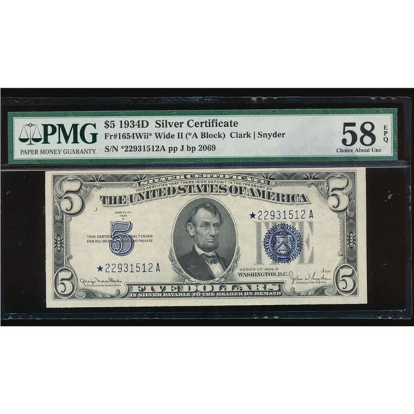 1934D $5 STAR Silver Certificate PMG 58EPQ