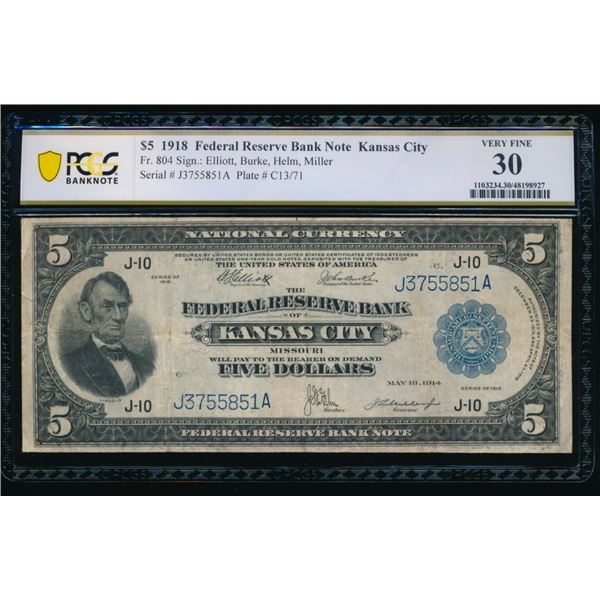 1918 $5 Kansas City FRBN PCGS 30