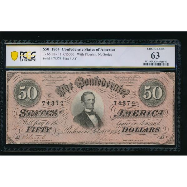 1864 $50 T-66 Confederate PCGS 63