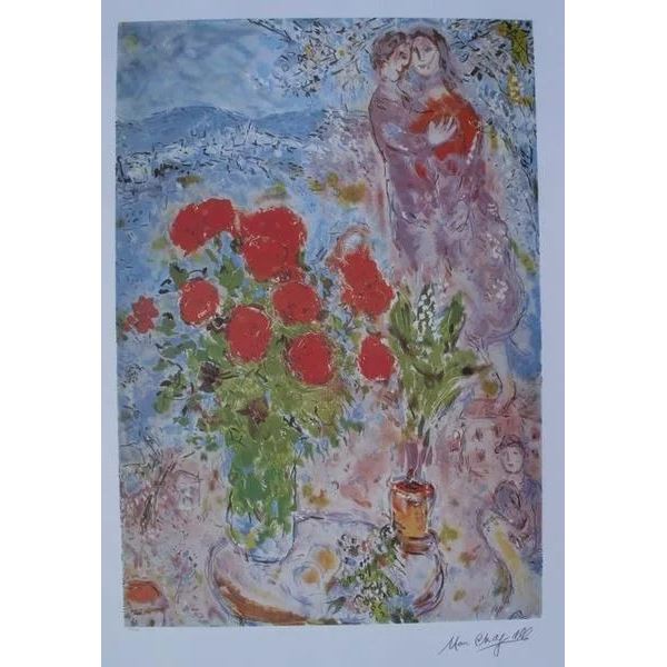 Red Bouquet with Lovers Lithograph