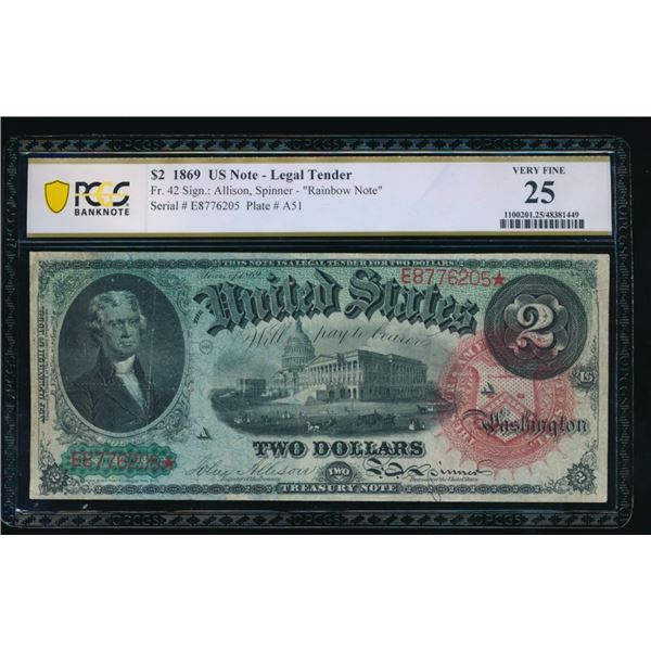 1869 $2 Legal Tender Note PCGS 25