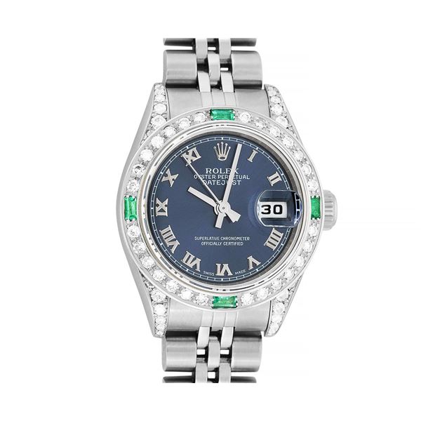 Rolex Ladies Quickset Stainless Steel Blue Roman 18K White Gold Diamond & Emeral