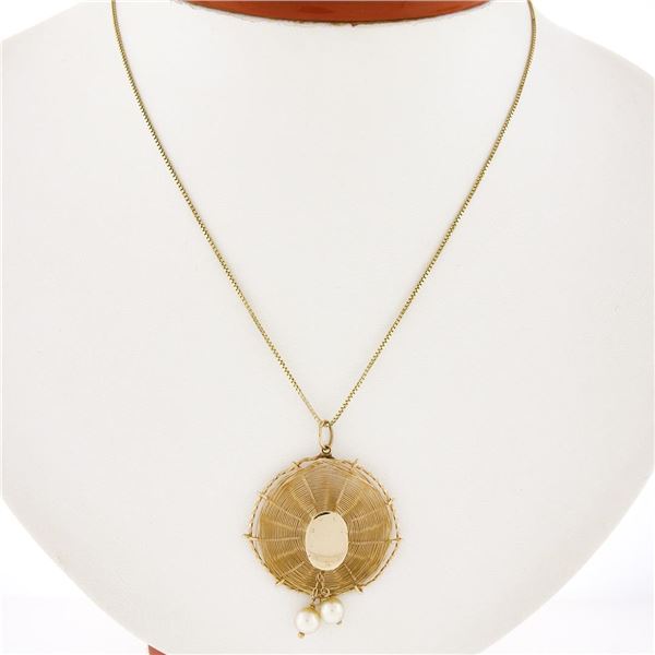 Vintage 14k Gold Handmade Wire Sombrero Hat Pearl Dangle Charm Pendant w/ Chain