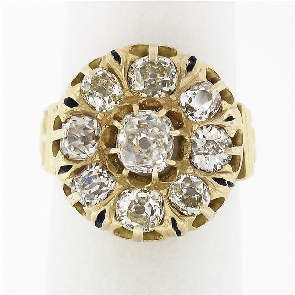 Antique Victorian 18k Gold 2.95 ctw Old Mine Cut Diamond Blue Enamel Platter Rin