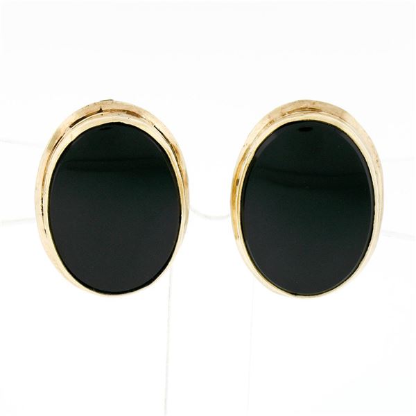 Vintage 14k Yellow Gold Bezel Set Oval Black Onyx Button Screw-On Earrings