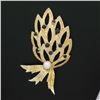 Image 2 : Vintage Large 14K Gold 1.3 ctw Sapphire Pearl Open Textured Flower Leaf Brooch P