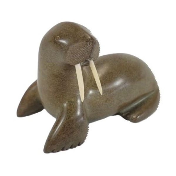 WALRUS BY SIMANEK SAGIATUK - LAKE HARBOUR STONE W/ IVORY TUSKS 
