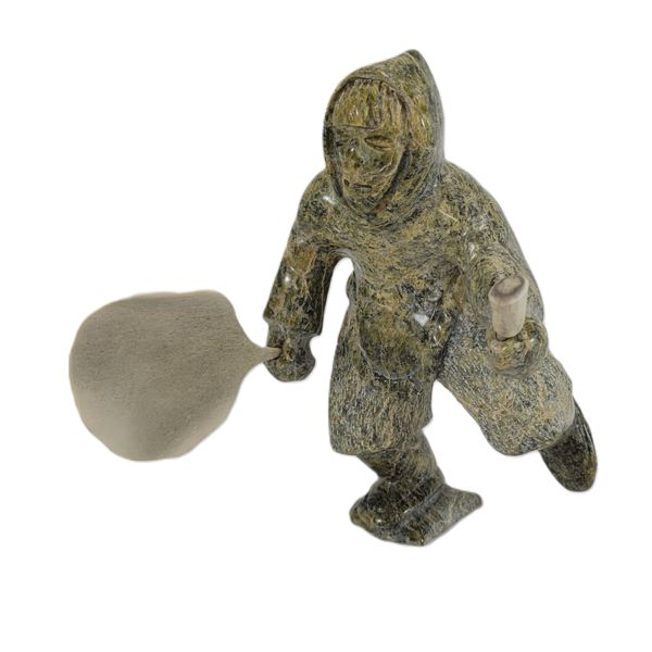 "DRUM DANCER" BY IYAITUK NATURALUK - CARVED STONE W/ ANTLER(?)