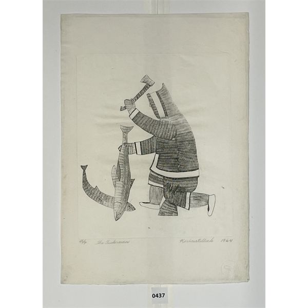 "THE FISHERMAN" BY KOVINATILLIAK PARR - LITHOGRAPH - CAPE DORSET 1964