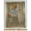Image 1 : WOMAN W/ FLOWER BASKET BY S. LATAR - FRAMED PASTEL ON PAPER