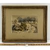 Image 1 : SNOWY FARM W/ CHICKENS SCENE BY J. F. - FRAMED WATERCOLOUR ON PAPER