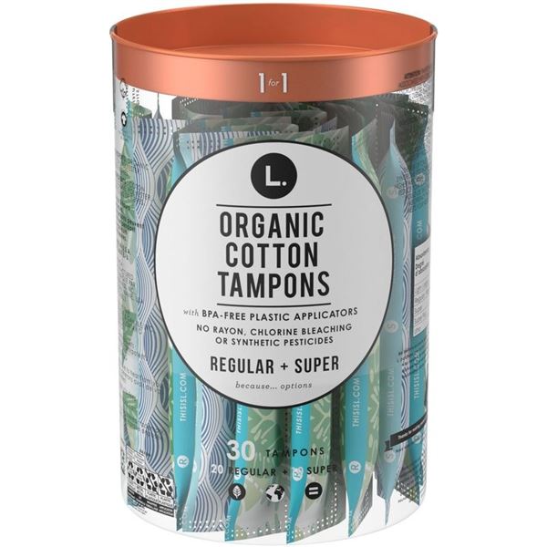NEW L ORGANIC COTTON CORE TAMPONS 30 PACK, VARIETY