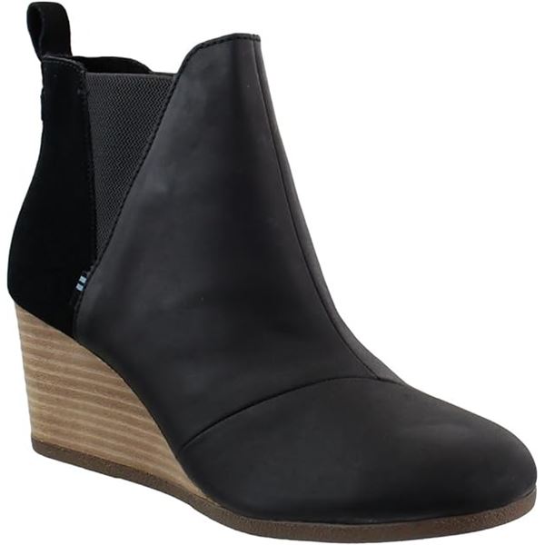 NEW TOMS KELSEY BLACK LEATHER SUEDE WEDGE BOOTS