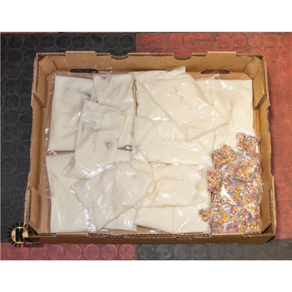 LARGE FLAT OF ICING SUGAR BAGS AND SPRINKLES