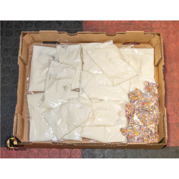 LARGE FLAT OF ICING SUGAR BAGS AND SPRINKLES