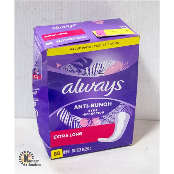 NEW 68 PACK OF ALWAYS EXTRA LONG ANTI BUNCH LINERS