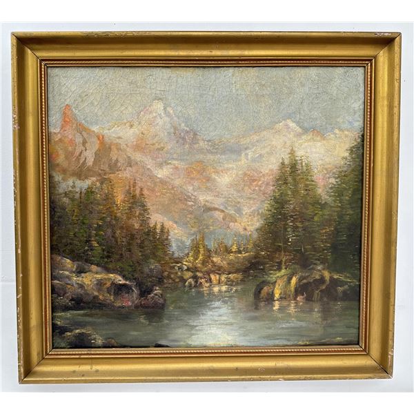 Antique Oil On Canvas Painting Mountain Lake