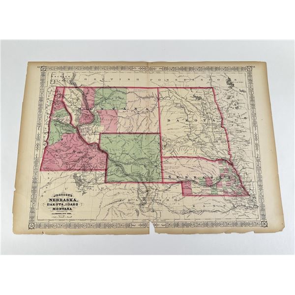 1865 Johnson's Nebraska Dakota Idaho Montana Map