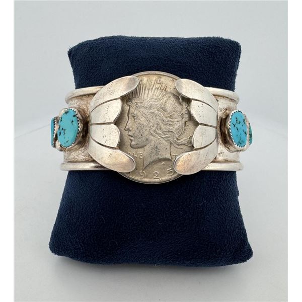 Navajo Sterling Turquoise Peace Dollar Bracelet