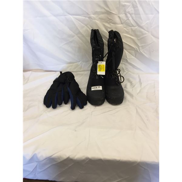SIZE 11 STEEL TOED LINED BOOTS & SIZE LARGE GLOVES