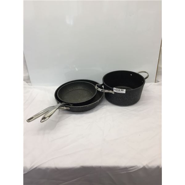 HERITAGE FRYPANS X2 + SAUCEPAN