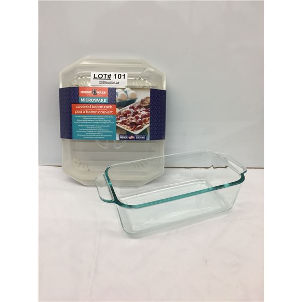 PYREX BAKING PAN + MICROWAVE BACON RACK