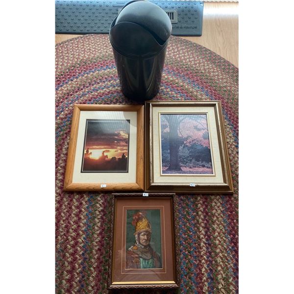 Set Of Three Framed Pictures And Garbage Can