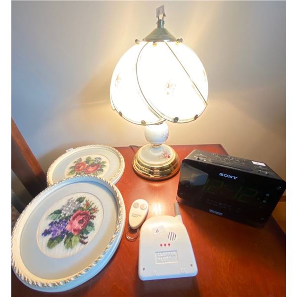 Set Of Framed Floral Embroidery With Vintage Touch Lamp With Clapper ( Does Not Work With Touch)