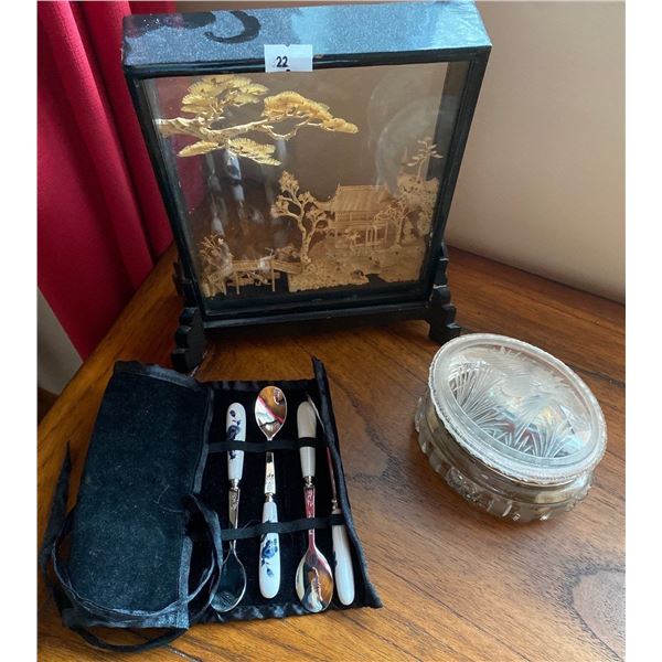 Hand Carved Wooden Scene In Clear Box And Crystal Jewelry Holder