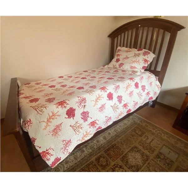 Single Wooden Bed Frame With Box Spring  Mattress And Bedding