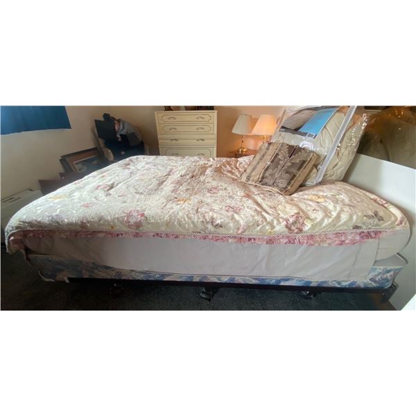 Double Size Bed And Box Spring With  Base On Wheels And Assortment Of Bedding